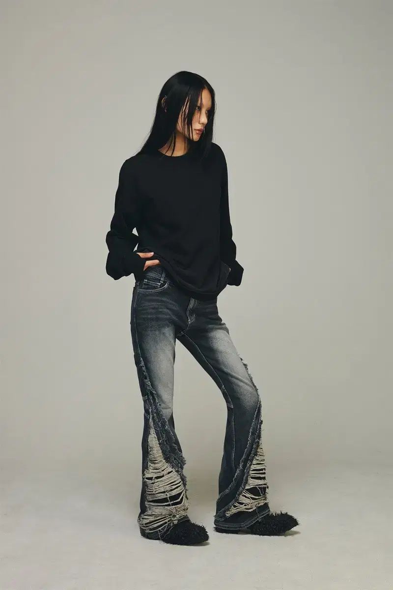 BLR ぼかし ダメージ つぶす ダブルライン ウォッシュ デニム パンツ