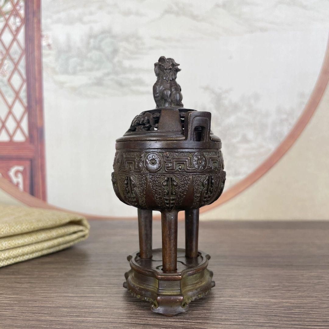 銅器 香炉 双耳三足鼎 瑞獣獅子香炉 薫香炉 茶道 置物 装飾品