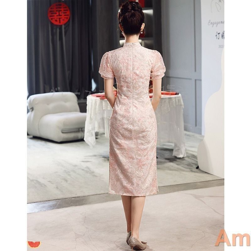 チャイナドレス風ワンピース ブライダル 結婚式 ミモレ丈 半袖 タイト スリット入り レース ビジュー 二次会 チャイナ風ワンピース チャイ チャイナドレス ドレス ブライダル スーツ フォーマル ドレス