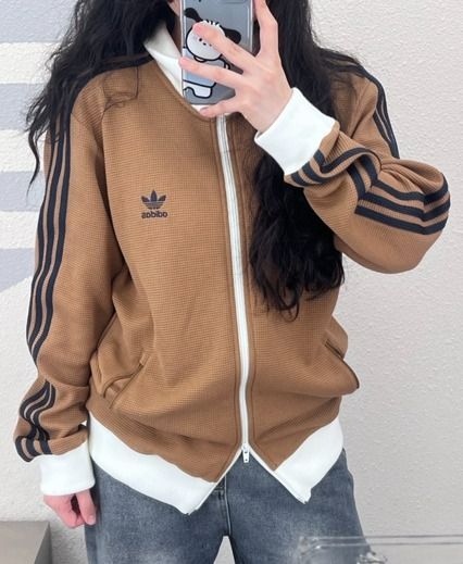 ♥ XLサイズ アディダス 刺繍 ワッフル トラックジャケット adidas ライトブラウン