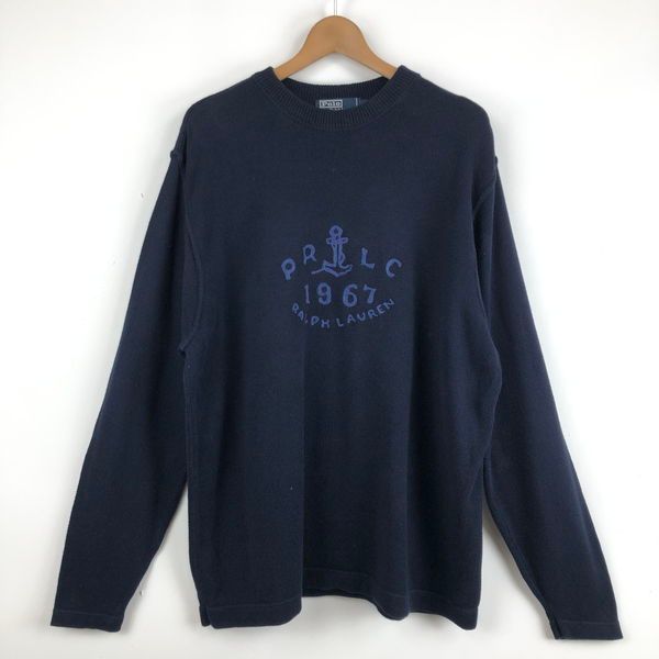 【古着】 RALPH LAUREN ラルフローレン コットンセーター チェーンステッチ 刺繍ロゴ ネイビー系 メンズXL 【中古】 n057129