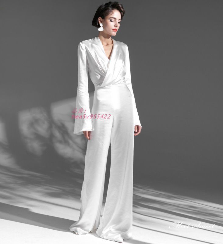 ウェディングドレス ウエディングドレス ロングドレス 二次会 結婚式 前撮り パンツドレス 花嫁 スーツ風 パーティードレス Vネック ブライダル 長袖 hea5v955422