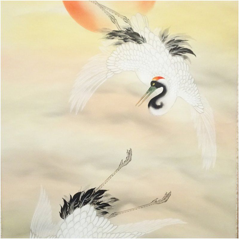 【絹本】肉筆掛け軸花鳥画　細筆画「鶴と松」美術品　絵画　和室　茶室　床の間 絹本】肉筆掛け軸花鳥画 細筆画「鶴と松」美術品 絵画 和室 茶室