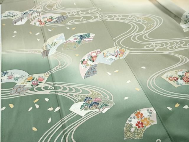 平和屋着物○訪問着 流水地紙吉祥花蝶文 暈し染め 金彩 正絹 逸品