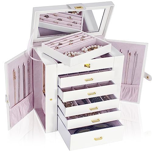 ホワイト BUBM ジュエリーボックス 大容量 6段 鏡付き アクセサリーボックス ジュエリー収納 ジュエリーケース 工場 アクセサリーケース  ネックレスケース 5段引き出し 宝石箱 レディース小物入れ サイズXL: 幅30×奥行17×高さ32cm ホワイト ジュエリーボックス ... CokBluジュエリーボックス 大容量 6 層構造 5 層引き出し ミラー付き ネックレスボックス 宝石箱 レディース小物収納 ブラ