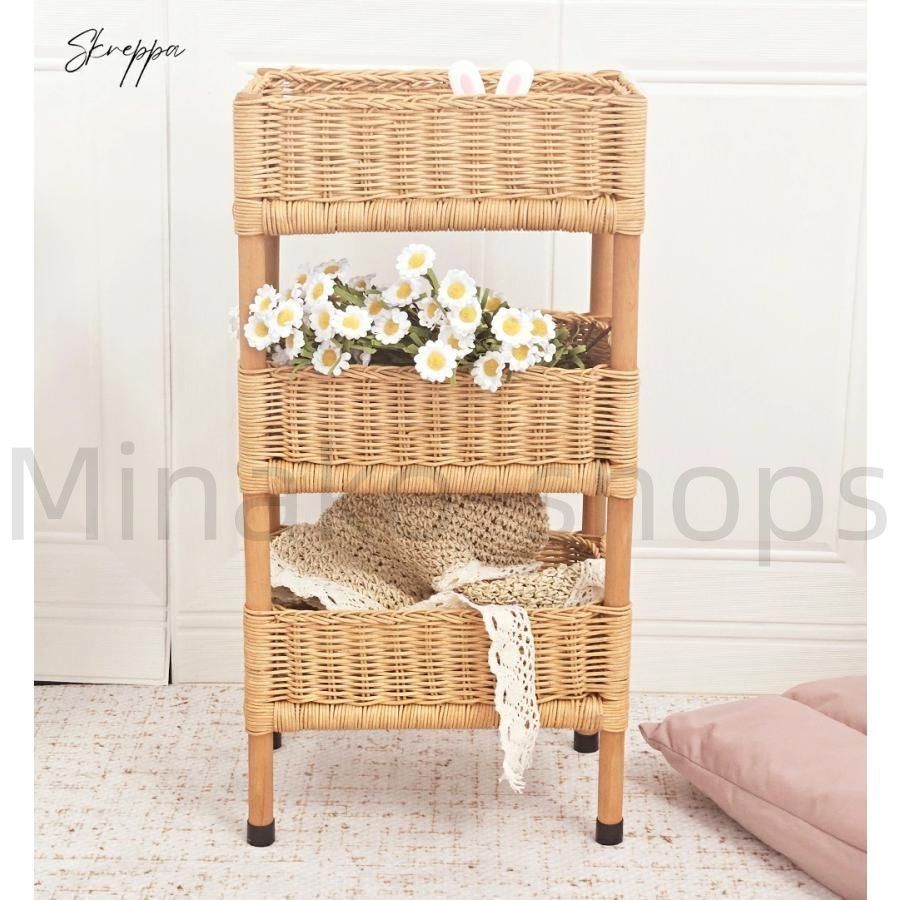 ホワイト ラタン 3段 天板ガラス有り ホワイト ラタン 3段 天板ガラス有り ホワイト ラタン 3段 天板ガラス