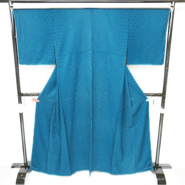 特選 色無地 着物 正絹 袷 カジュアル 紋なし 地模様 変わり七宝模様 孔雀緑色 身丈163.5cm 裄68cm L ワイド きもの北條 A1275-5