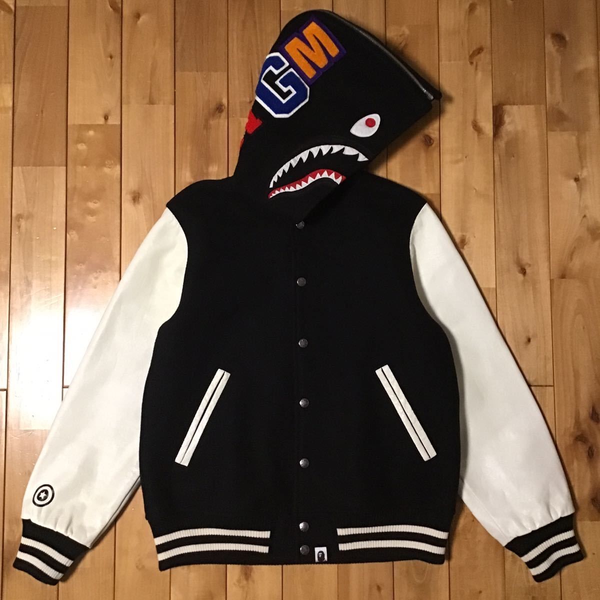 青山限定 袖レザー シャークパーカー スタジャン BAPE shark ベイプ 