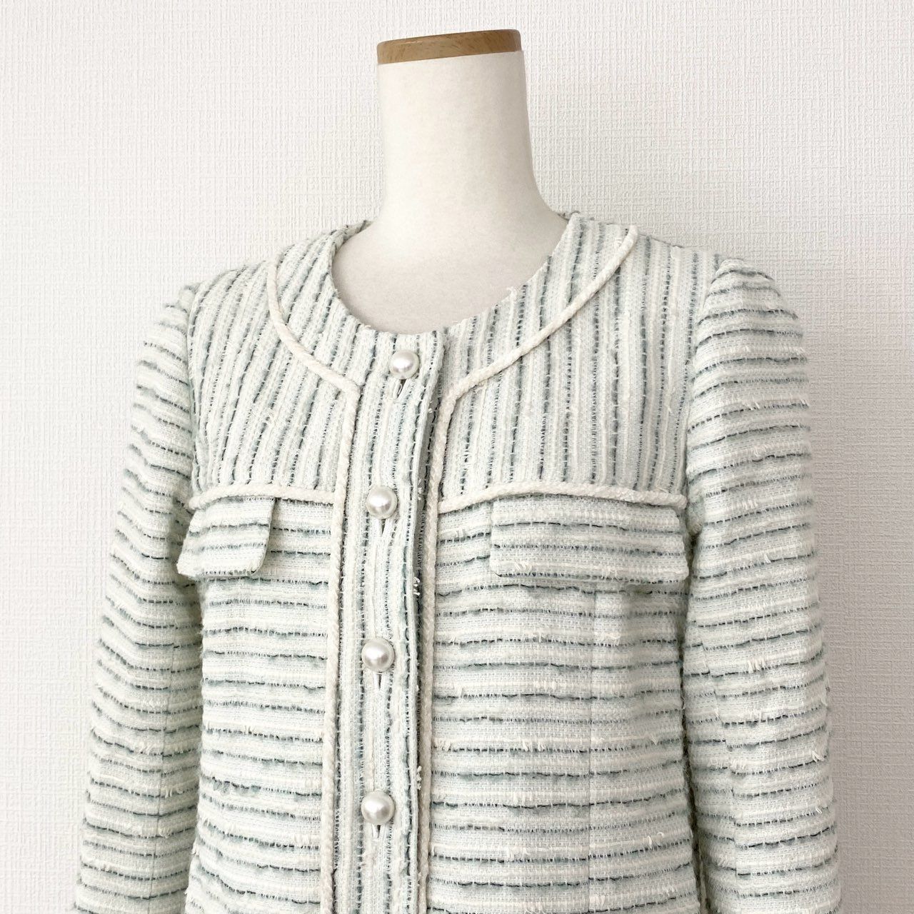 61i30 Rene ルネ TISSUE ツイードロングコート 4つポケット パール