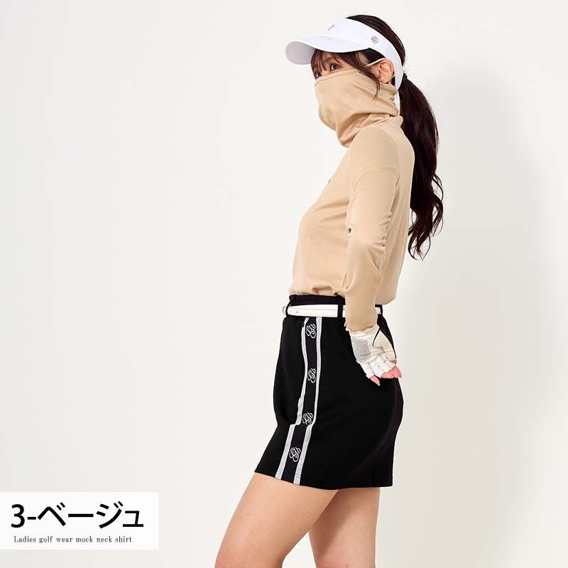 ゴルフウェア レディース モックネック gs GOLF ポロシャツ ハイネック 長袖 フェイスカバーマスク一体型 UVケア 紫外線 日焼け対策 ストレッチ トップス 秋冬 春夏 ldtop31 3-ベージュ