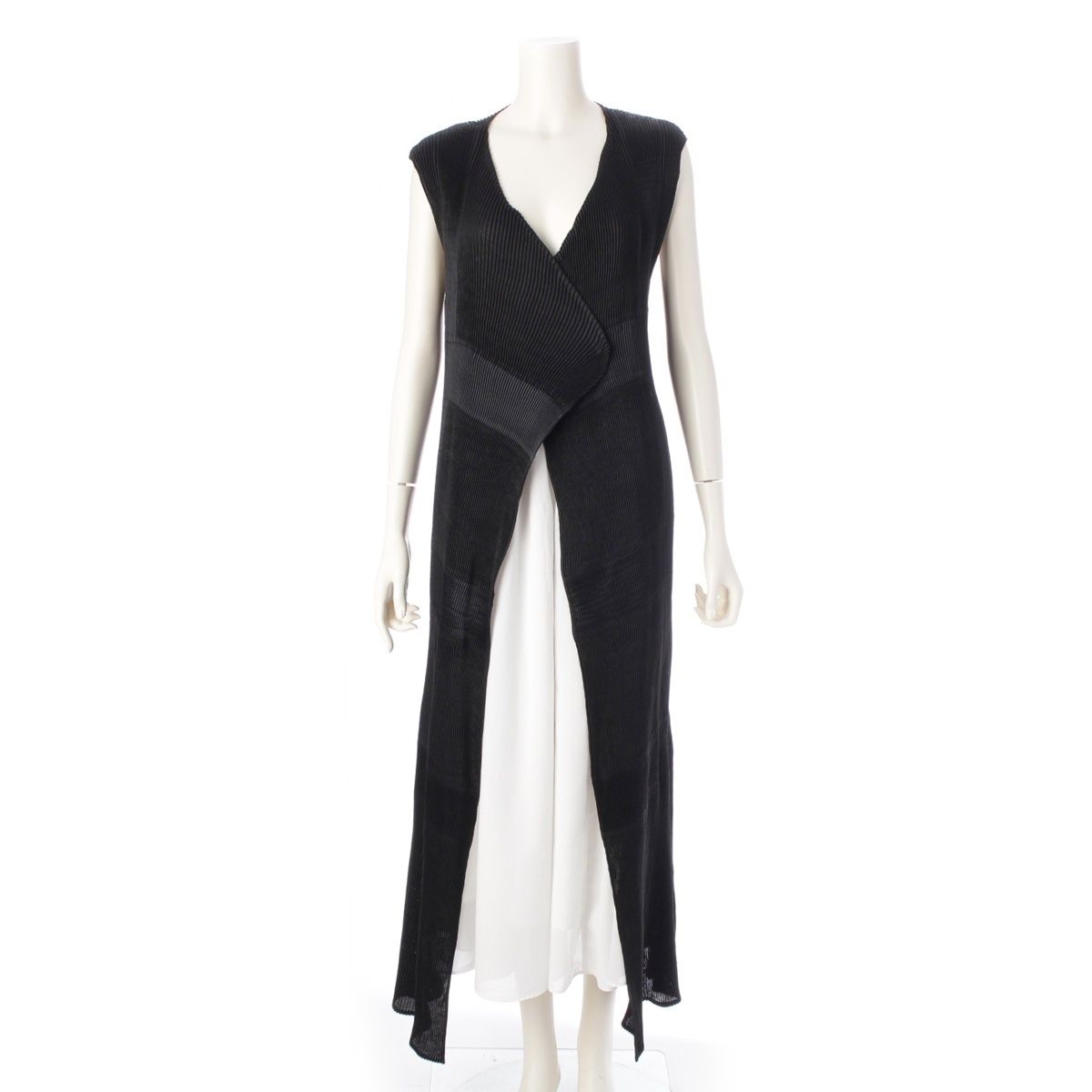 イッセイミヤケ プリーツ 切替デザイン ロングジレ ベスト IM71-FE907 ブラック L【】