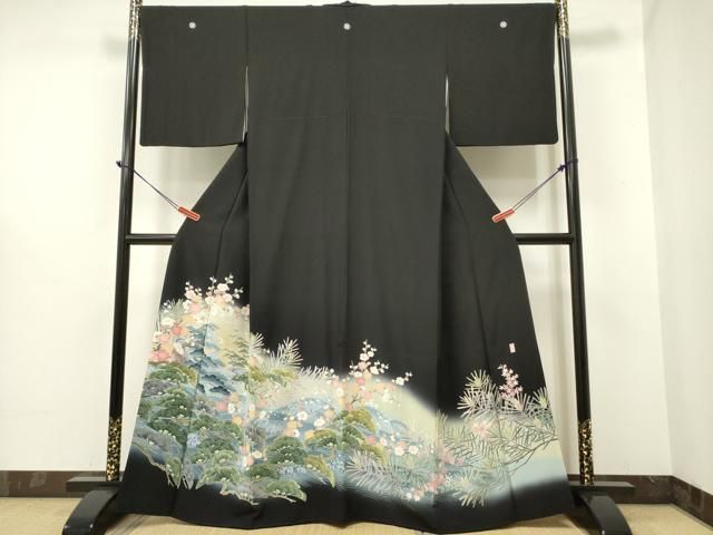平和屋着物●豪華黒留袖　友禅　作家物　立波風景花文　正絹　逸品　未使用　DAAU5779ps 平和屋着物○豪華黒留袖 友禅 作家物 立波風景花文 正絹 逸品