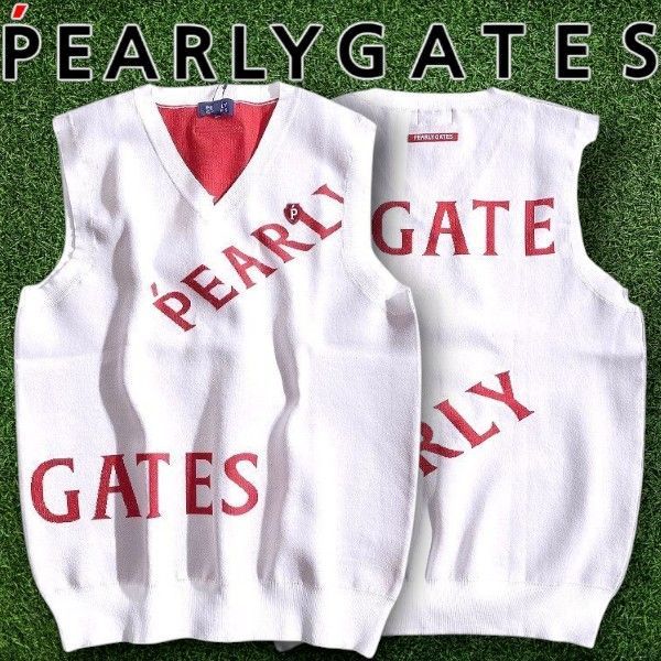 PEARLY GATES パーリーゲイツ ゴルフ 吸汗速乾 ローカルポリ メゾンロゴ柄 Vネック ニット ベスト ゴルフウェア セーター 053-2173307 定価2.5万 ホワイト レッド ▲028 50219w05