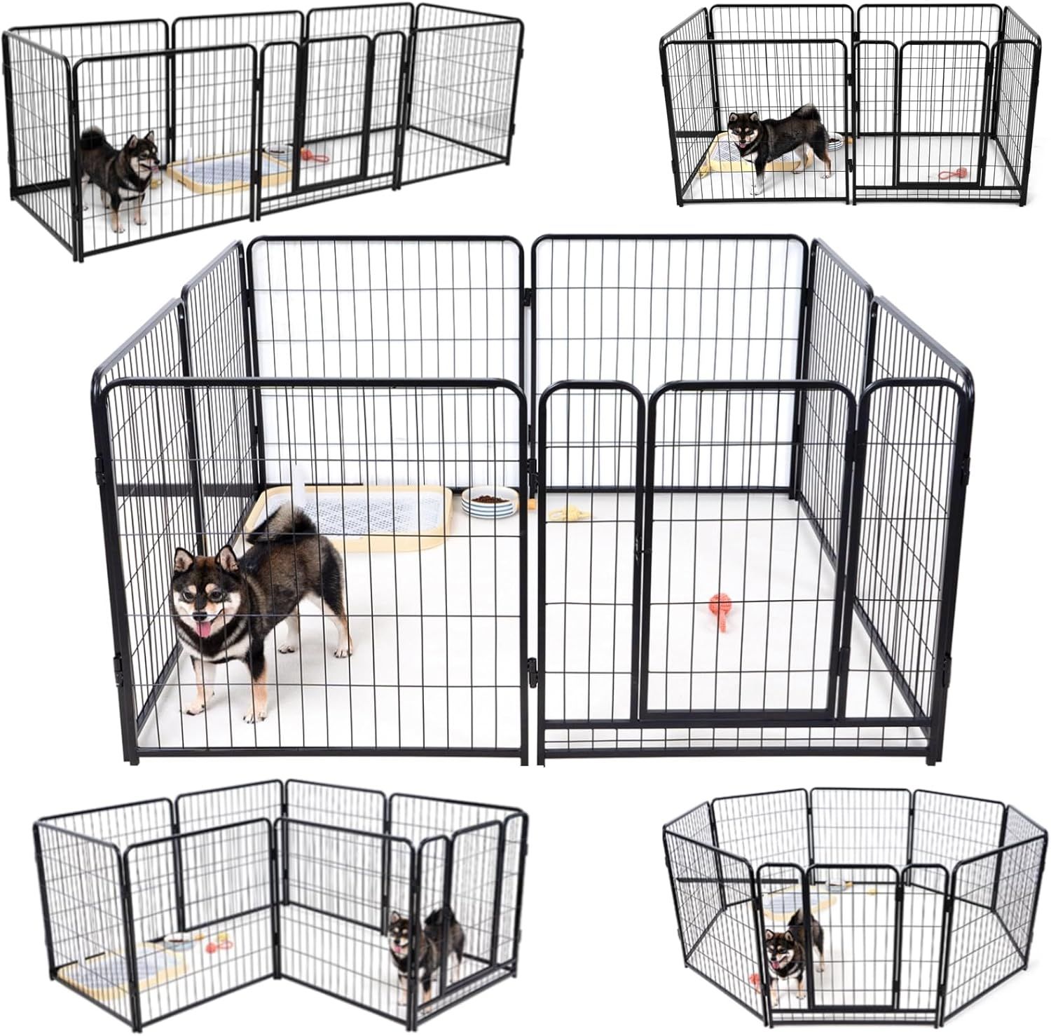 KIRATAKU ペットサークル スチール製 高さ80cm ペットゲージ 大型犬 ペットフェンス ペットサークル 犬ゲージ コンパクト 犬用サークル 室内外兼用 組立簡単 複数連結可能 (ブラック， 高さ80cm