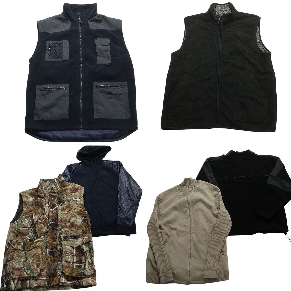 古着卸 まとめ売り フリース 6枚セット (メンズ L ) フルジップ ニット切替 リアルツリーカモ フーディー ブラック スタンドカラー MX3764