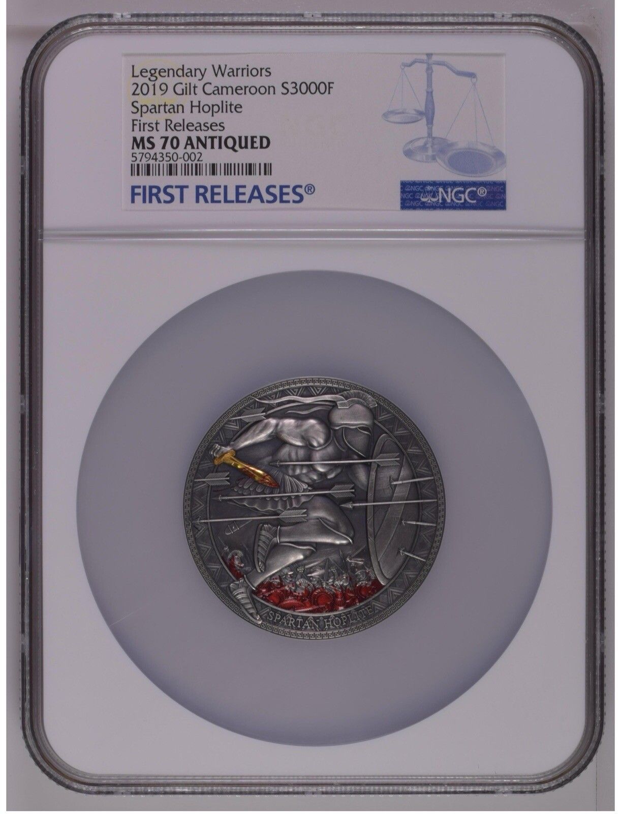 NGC MS70 FR 2019 Cameroon Spartan Hoplite Legendary Warris 3Oz Silver Coin