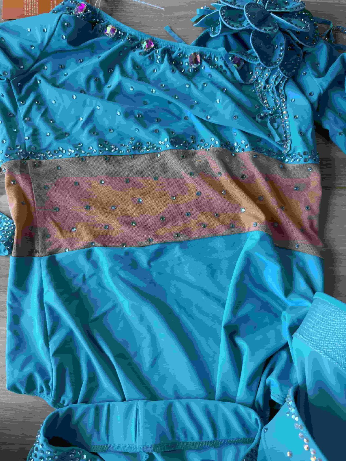 社交ダンス衣装 ブルー ラテンドレス ラインストーン装飾 フリルデザイン Sサイズ バスト88cm ウエスト73cm