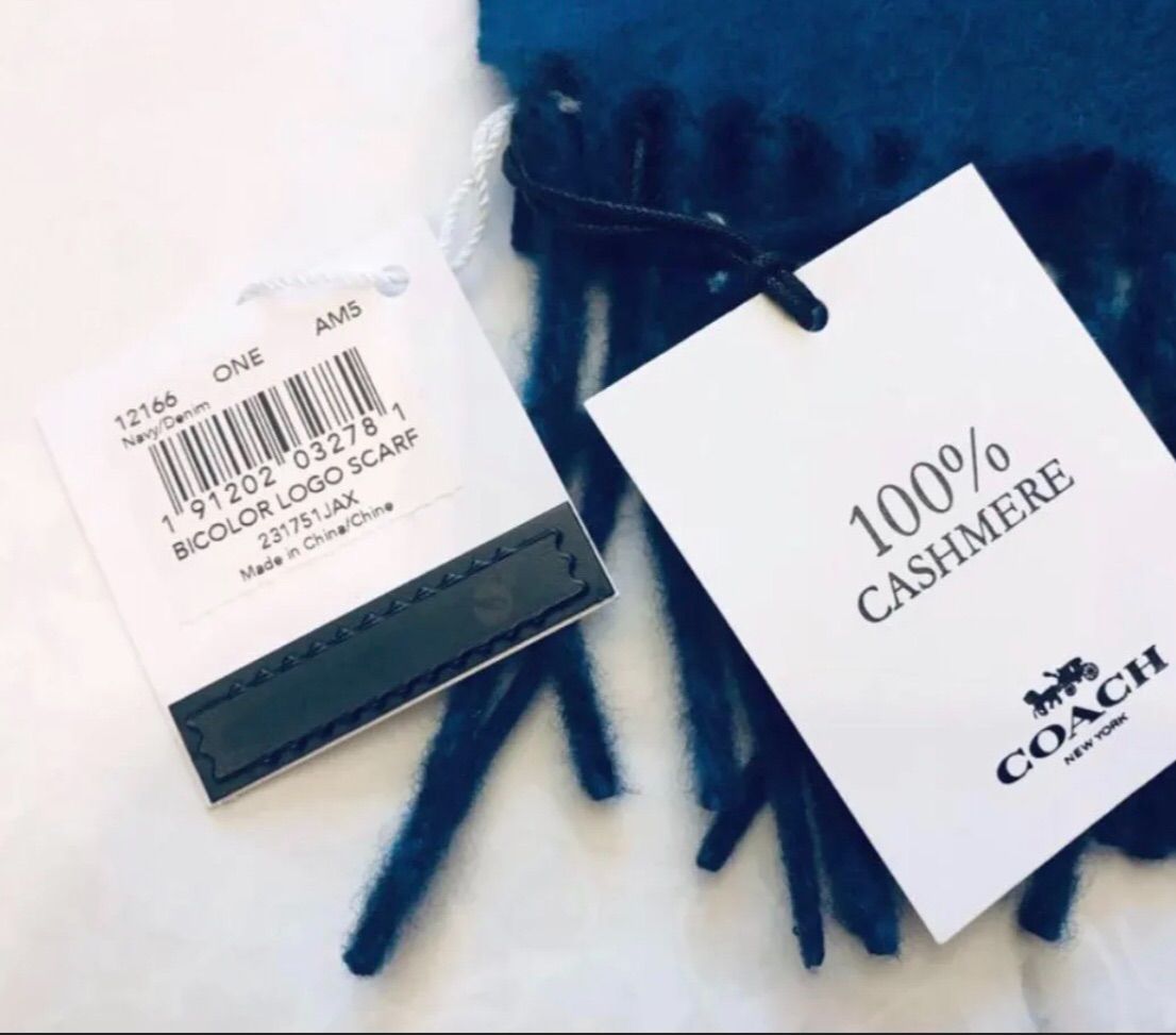 新品 タグ付◇コーチ カシミヤ100％高級マフラー◇青紺x濃紺ギフト材  