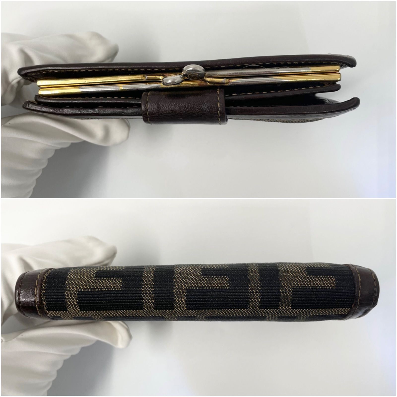 ◆美品◆FENDIフェンディ　ズッカ柄 がま口　財布　ケースは ブラウン系 FENDI フェンディ 二つ折り財布 がま口 ズッカ柄 キャンバス FF