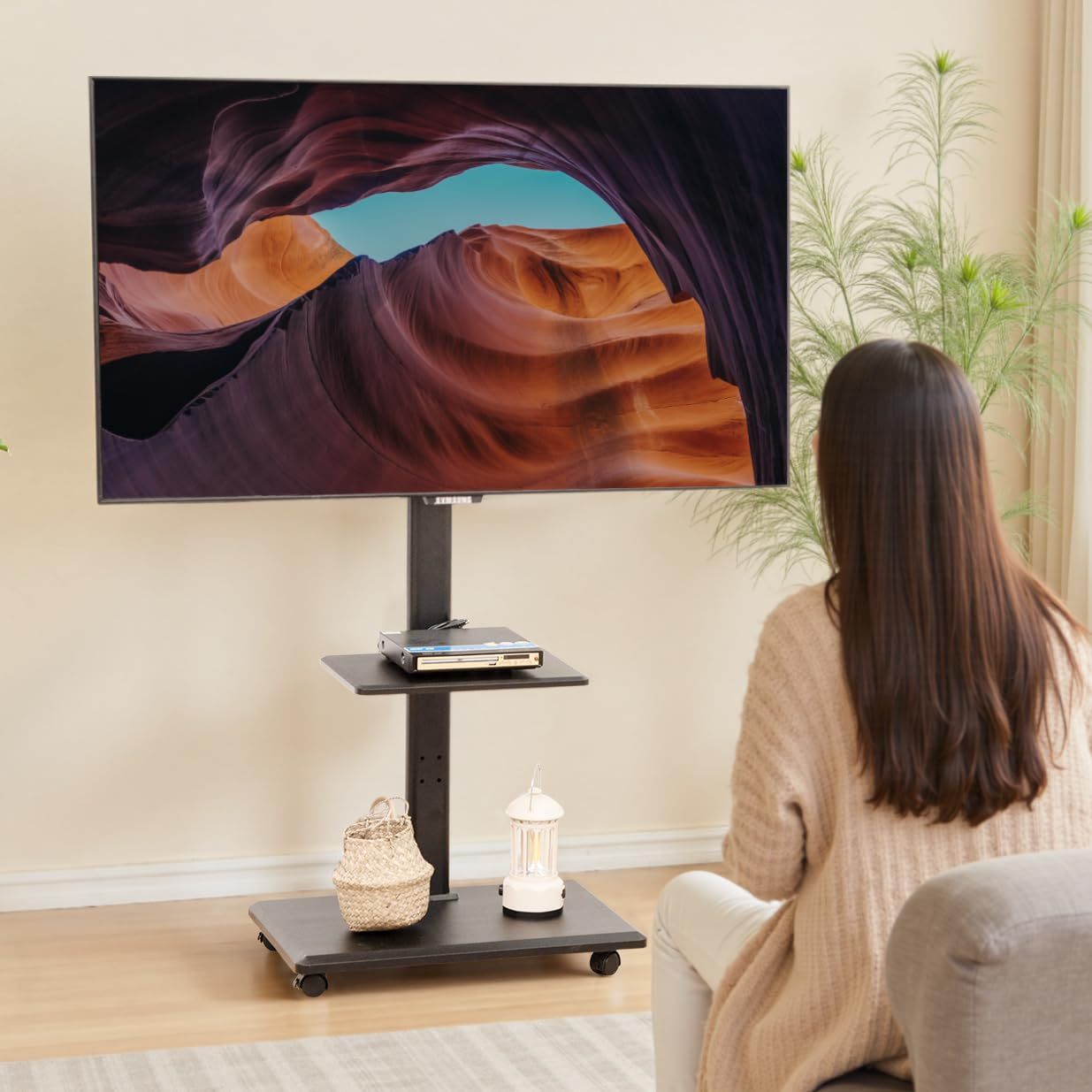 Qucover テレビスタンド tvスタンド 26~65インチ対応 壁寄せ tv stand テレビスタンド ハイタイプ VESA/横100～600mm/縦100～400mm 耐荷重40kg 高さ調節可能 左右25°首振り可能 棚板付き 移動式 家用/学校/会