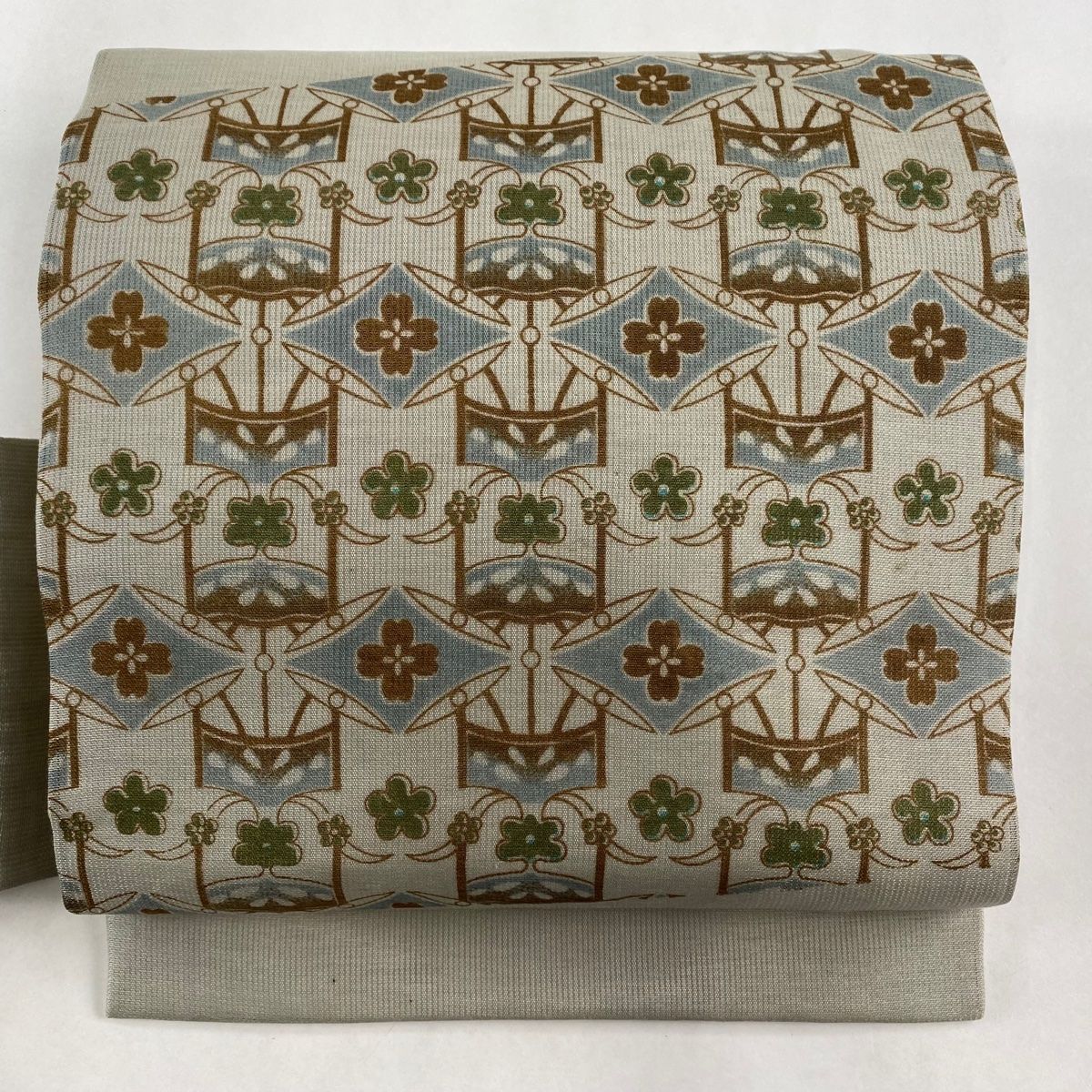 名古屋帯 秀品 夏帯 花 幾何学 灰緑 正絹