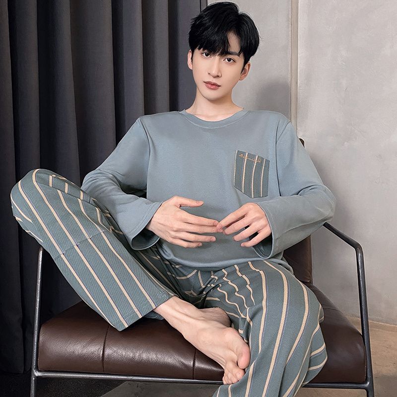 部屋着 メンズ 上下セット パジャマ ルームウェア Tシャツ セットアップ 丸首 コンフォート 男子 ストライプ ロングパンツ 綿 長袖 おしゃれ カジュアル  nee3c983303