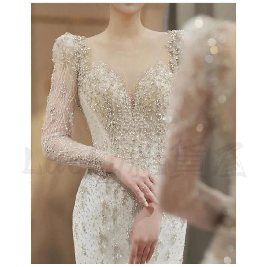 ウェディングドレス マーメイドドレス 長袖 背開き トレーンドレス 花嫁ドレス 結婚式ドレス キラキラ 素敵 キレイめ 感 海外挙式 披露宴