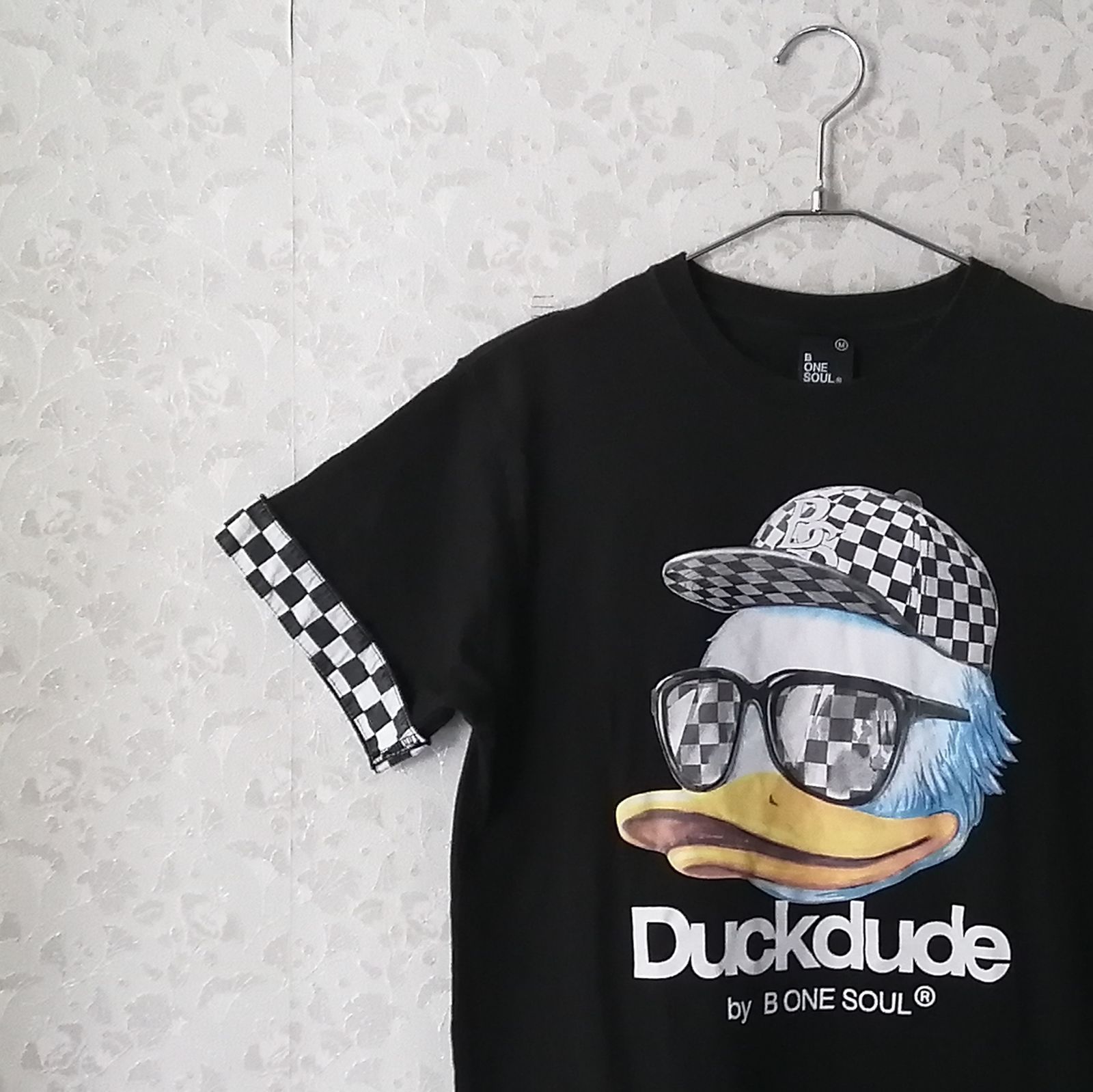 B ONE SOUL Duckdude プリントＴシャツ 袖折り返しチェック柄 サイズM