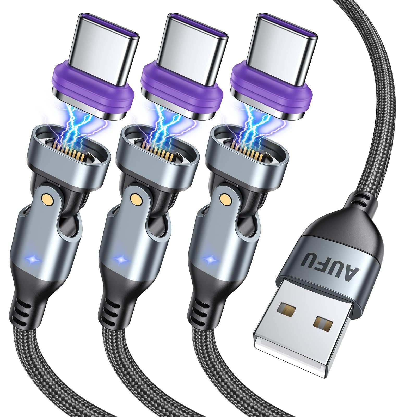 【新着商品】ケーブル Ｌ字型 C 180回転可【1M / Type 2M USB / 18W 2M】3A急速充電 データ転送可 充電ケーブル タイプc マグネット 充電ケーブル 16pin AndroidなどType-C機種対応【AUFU】（ブラック・3本