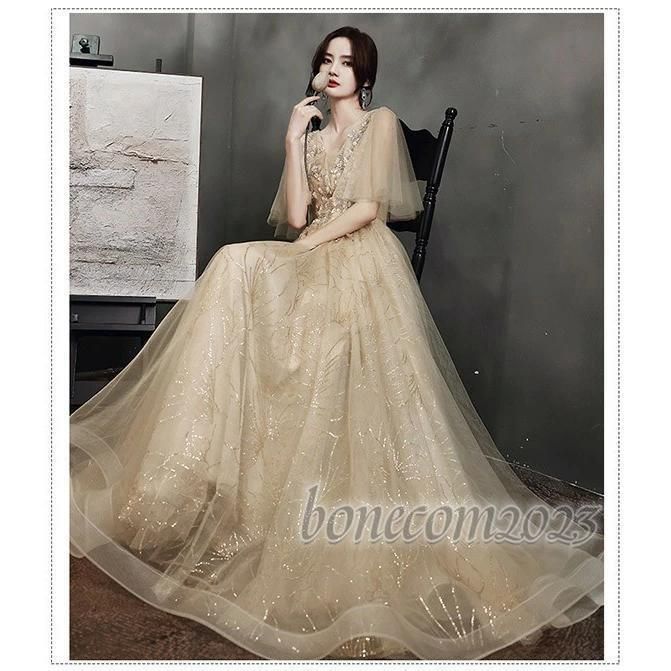 パーティードレス ロング丈 演奏会 袖付き ドレス 大人 ピアノ 発表会 成人式 同窓会 結婚式 Aライン ステージドレス 編み上げタイプ 二次会 忘年会 上品 代