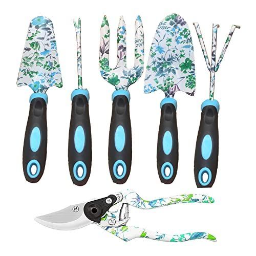 ガーデニングツール スコップ ６点セットブルー 独特の花パターン 園芸用品 熊手 dawn23 庭園作業 鉢植え 栽培 除草 多用途 耐久性 実用的