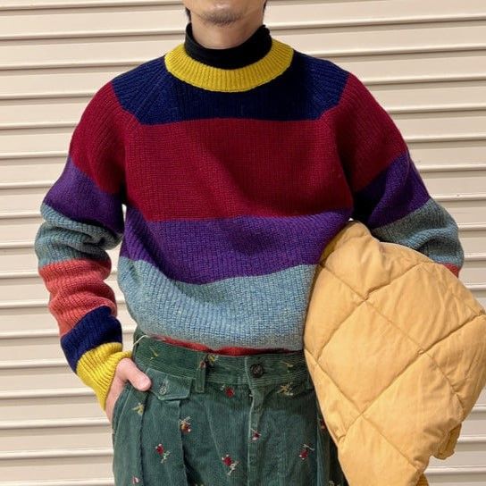 BEAMS PLUS ビームスプラス 24AW Crew Multi Stripe 5G シェットランド 