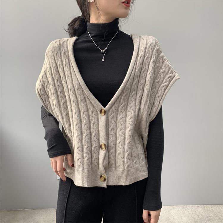 ショート丈 春秋 前ボタン付き アウター トップス お洒落 シンプル セーター ニットベスト Vネック レディース ジレ ゆったり 薄手 前開き キレイめ レイヤード 重ね着 yskma 605084