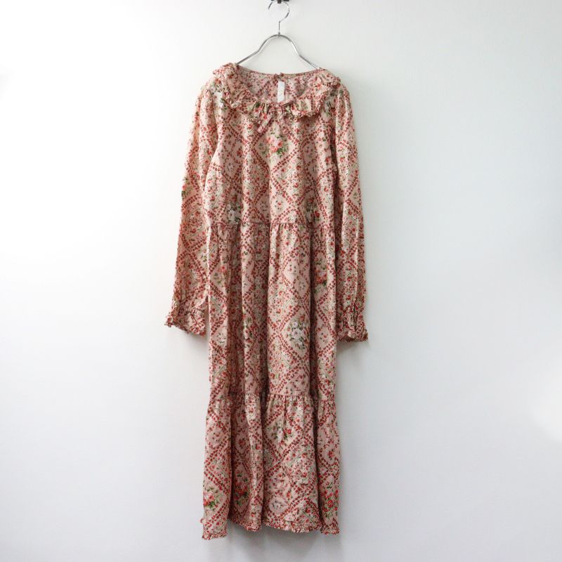 【ほぼ新品】ピンクハウス　格子薔薇柄ミディワンピース PINK HOUSE / ピンクハウス 薔薇格子プリントミディワンピース