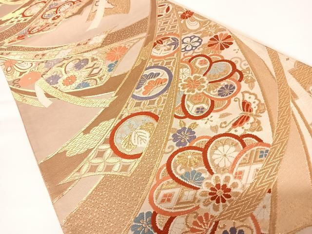 ふっくらとした唐織 六通柄 袋帯 アイボリー×多彩な和色 絹+金箔糸 平和屋着物◎六通柄袋帯 錦麗 双鳥花丸文 金銀糸 正絹 逸品