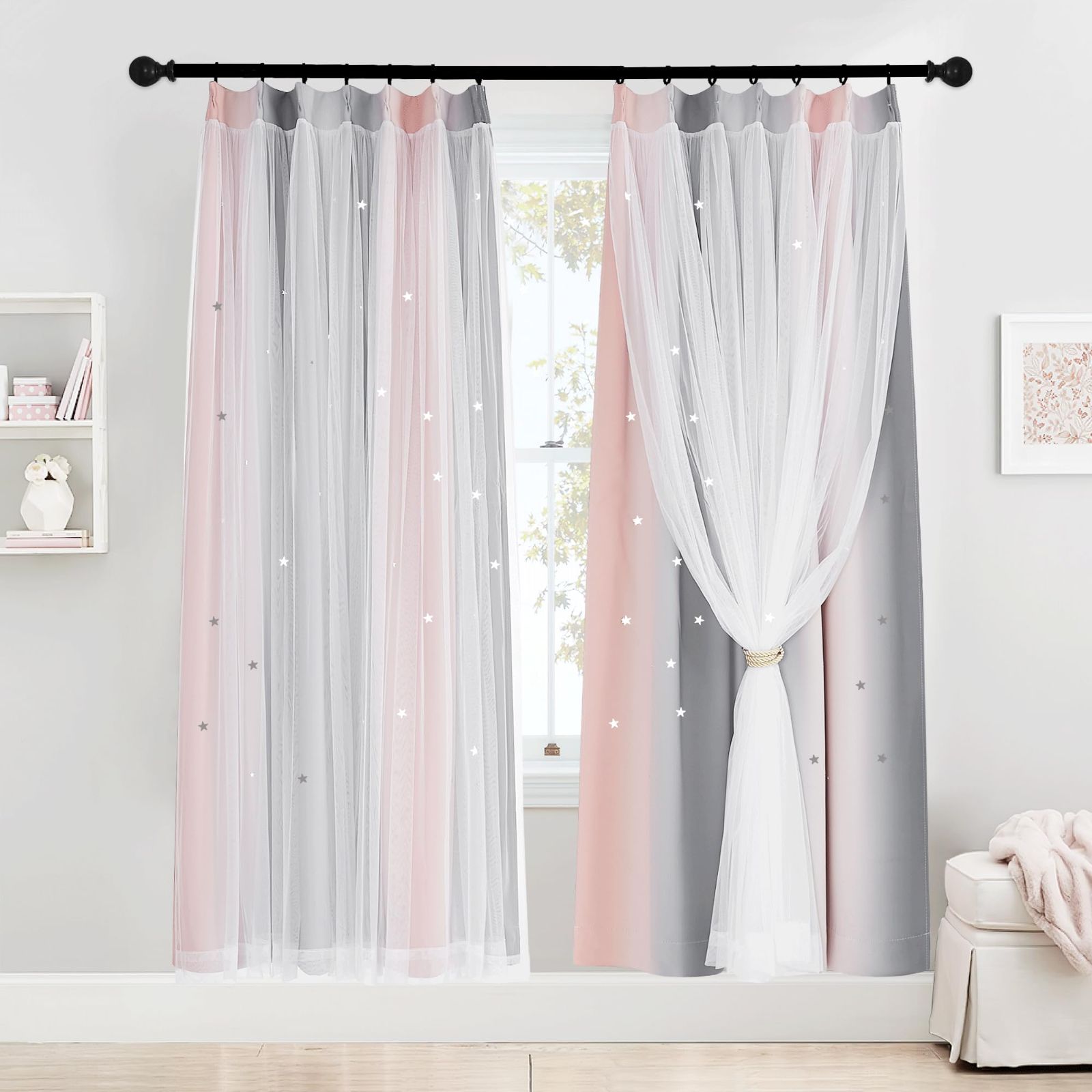 商品 レースカーテン付き 部屋飾り デザイン スタ―ライト キラキラ 森ガールっぽい 寝室 桜-灰 子供部屋 遮光 プライバシー保護 カーテン 星 2枚組 姫糸 100ｘ200cm 透かし彫り星柄