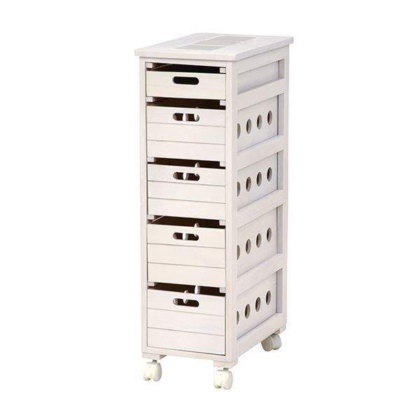 桐製 キッチンストッカー/台所収納  ホワイトウォッシュ 木製 キャスター 引き出し 天板タイル付き