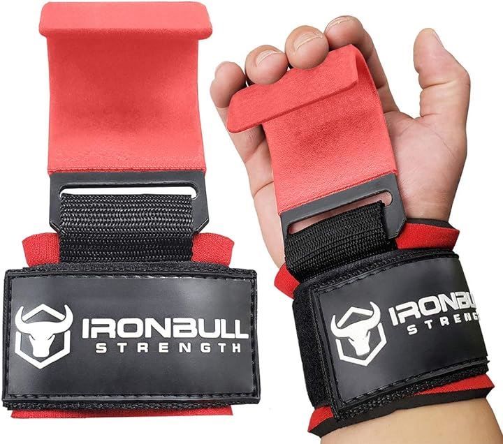 Iron Bull Strength ウェイトリフティング用スチールフック ペア – 厚手のパッド入りワークアウトフック ヘビーリフティング用ウェイトリフティンググローブ( レッド，  one size)