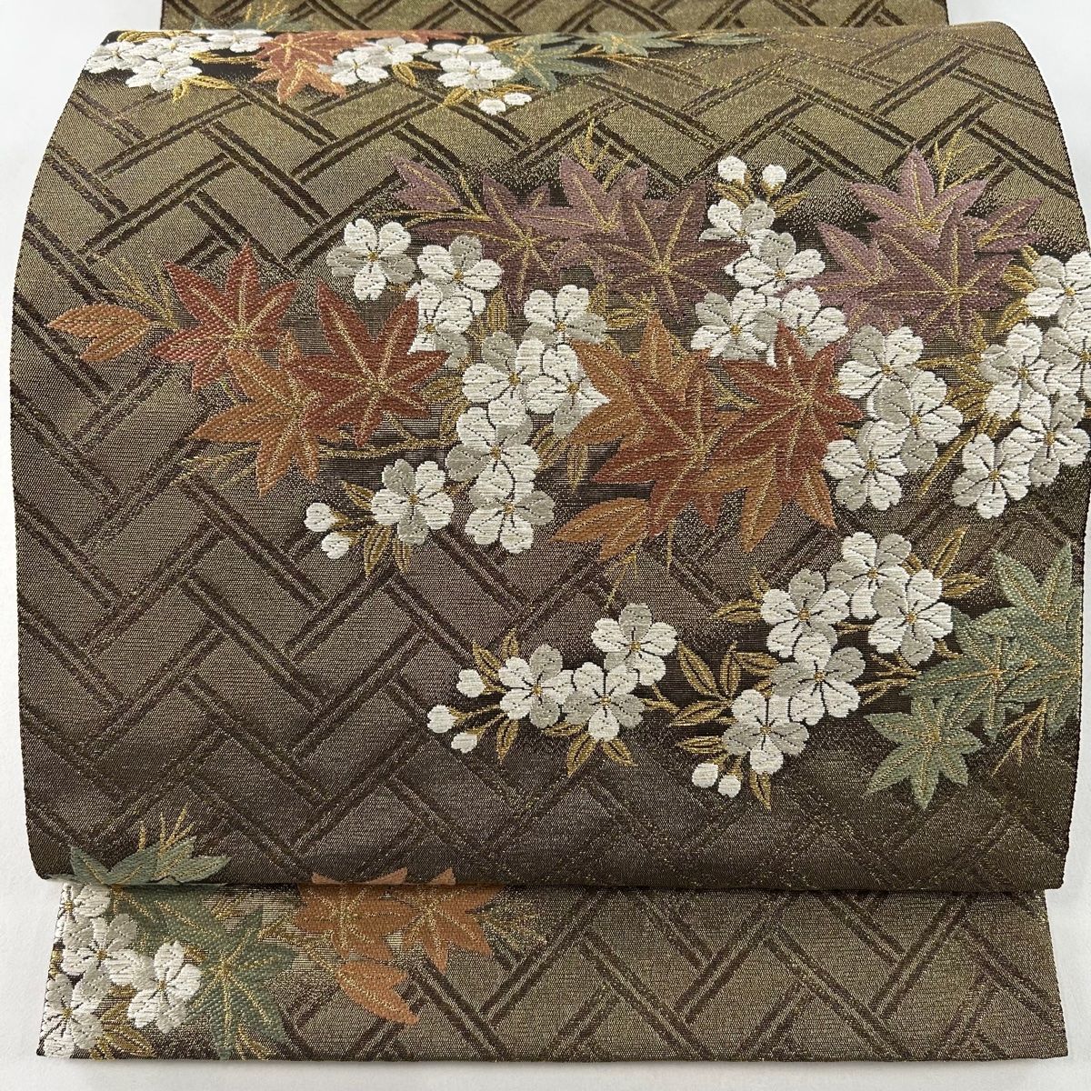 袋帯 美品 名品 花井幸子 落款 桜 楓 金糸 唐織 茶緑色 六通 正絹 