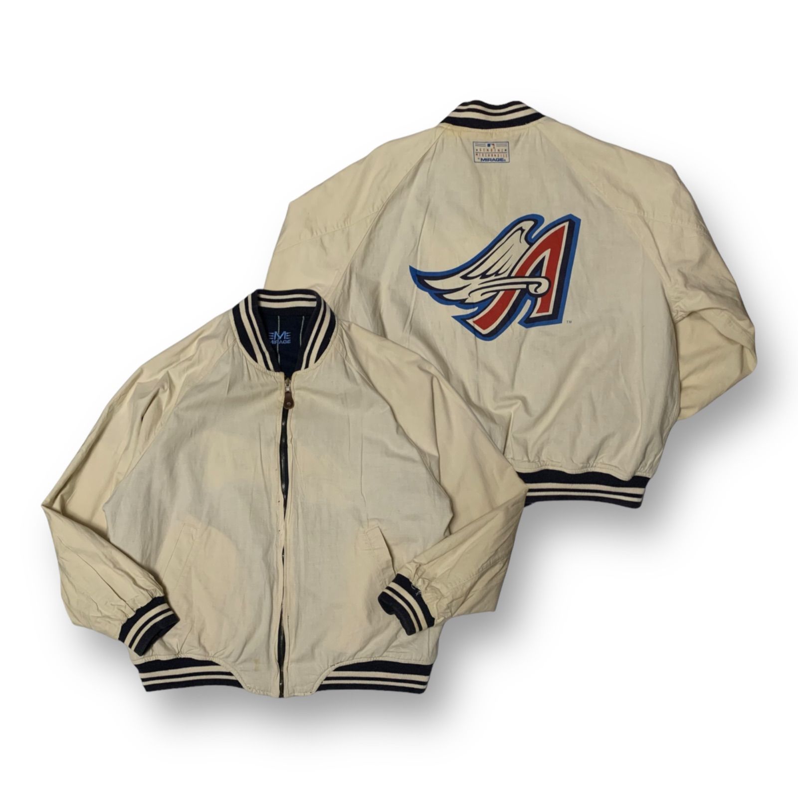 90s MIRAGE “ANAHEIM ANGELS” Reversible Cotton Stadium Jacket ミラージュ アナハイム・エンゼルス コットンスタジアムジャケット スタジャン リバーシブル ネイビー ライトベージュ Lサイズ MLB