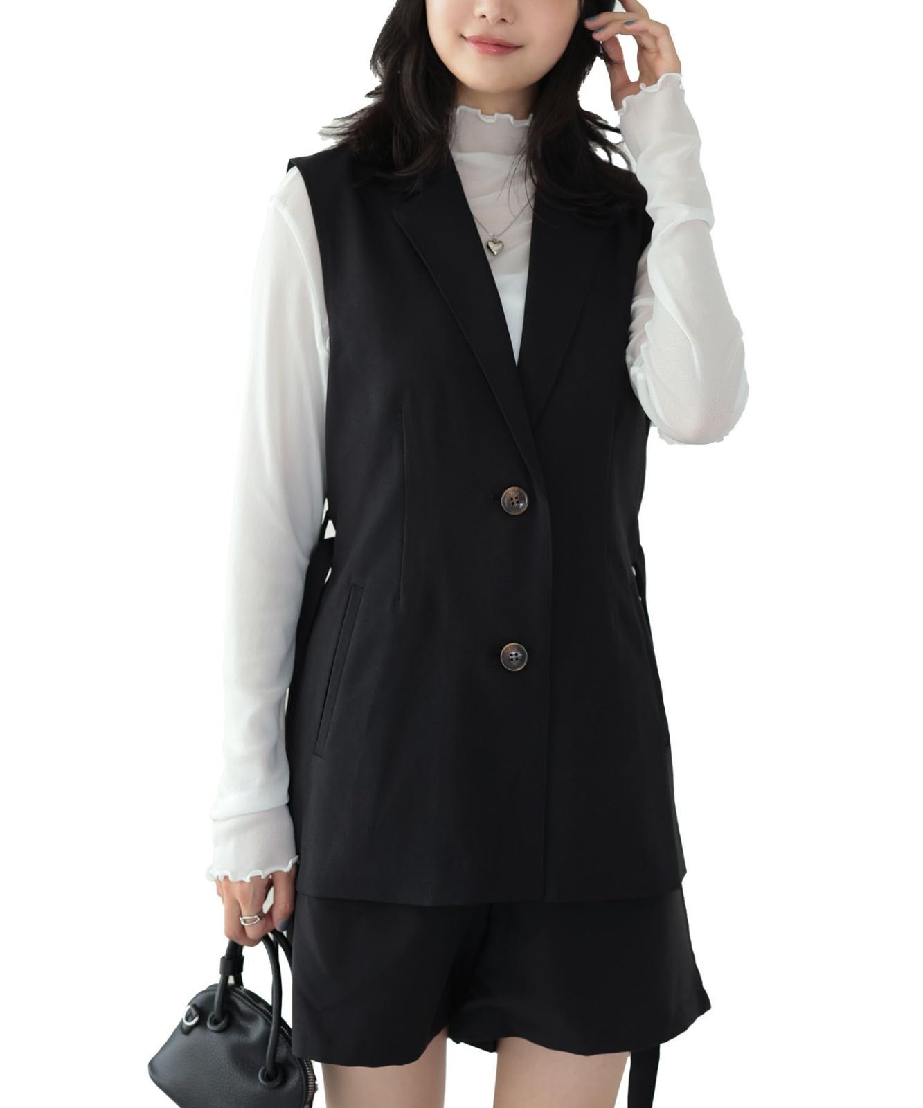 Size M_Color ブラック 神戸レタス ウエストベルト テーラード ジレ ベスト レディース 羽織り 秋服 オフィスカジュアル ポケット K1329 M ブラック