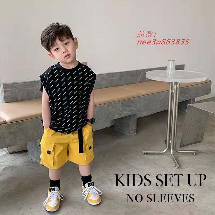 キッズ セットアップ 上下2点セット ノースリーブ ハーフパンツ プルオーバー ボ子供用 イエロー Tシャツ トップス 重ね着 nee3w863835