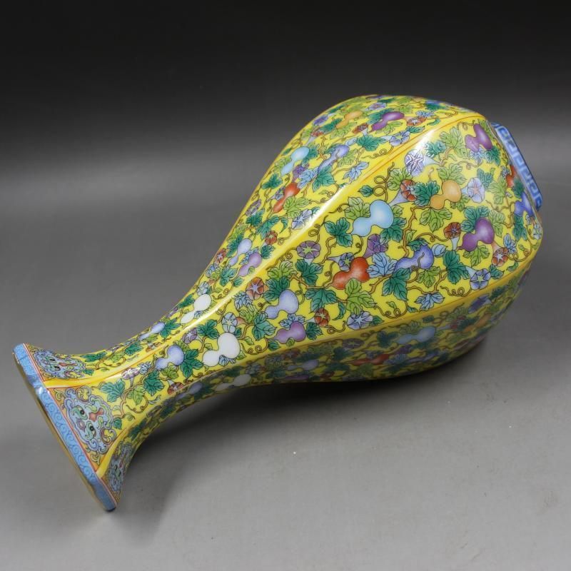 蒔金琺瑯彩六方玉壺春瓶 景徳鎮 陶磁器 装飾品 現代工芸品 美術