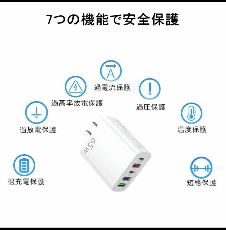 PD含む6ポート　USB急速充電器 ACアダプター白 65W USB充電器 急速充電