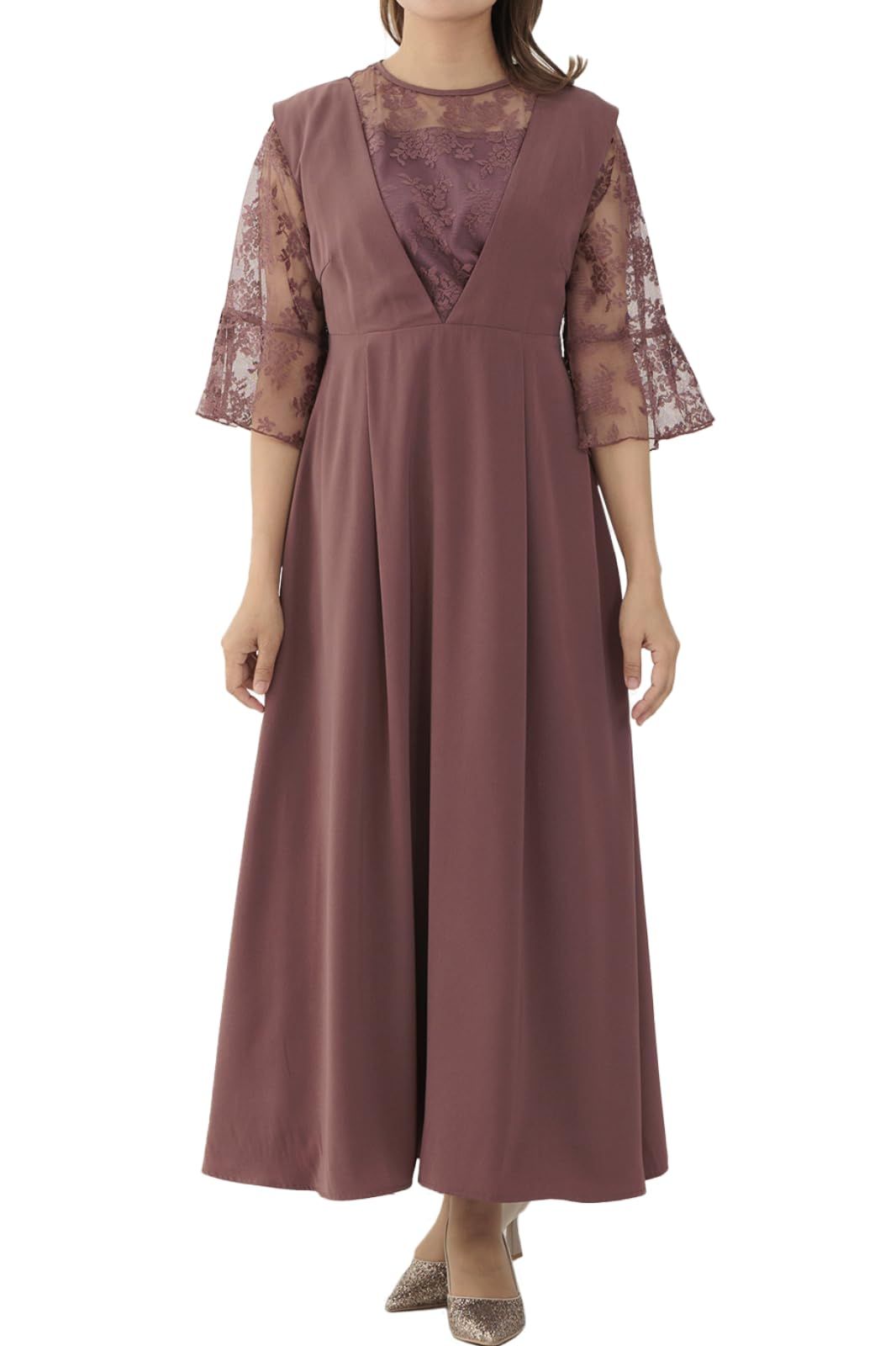 [MORE AUNI] [モア アウニイ] パーティー ドレス レーストップス Vネックドレス セット 結婚式 2次会 1.5次会 カジュアル お呼ばれワンピース 披露宴 発表会 可愛い 体型カバー 結婚式参列 ドレスアップ デートコーデ マタニティドレス お