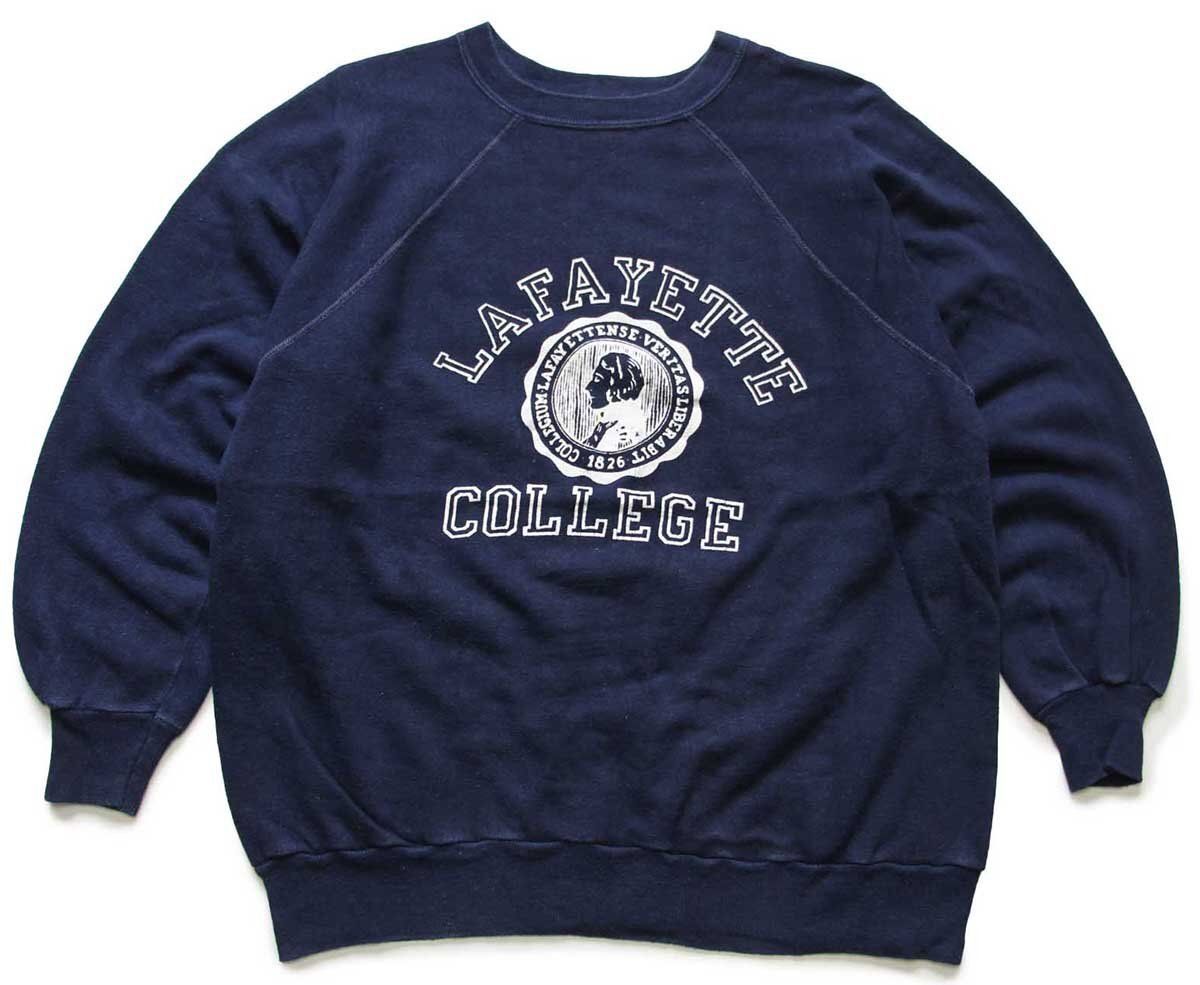 70s USA製 LAFAYETTE COLLEGE フロッキープリント スウェット 紺ビンテージ オールド カレッジ ラグランスリーブ ひび割れ