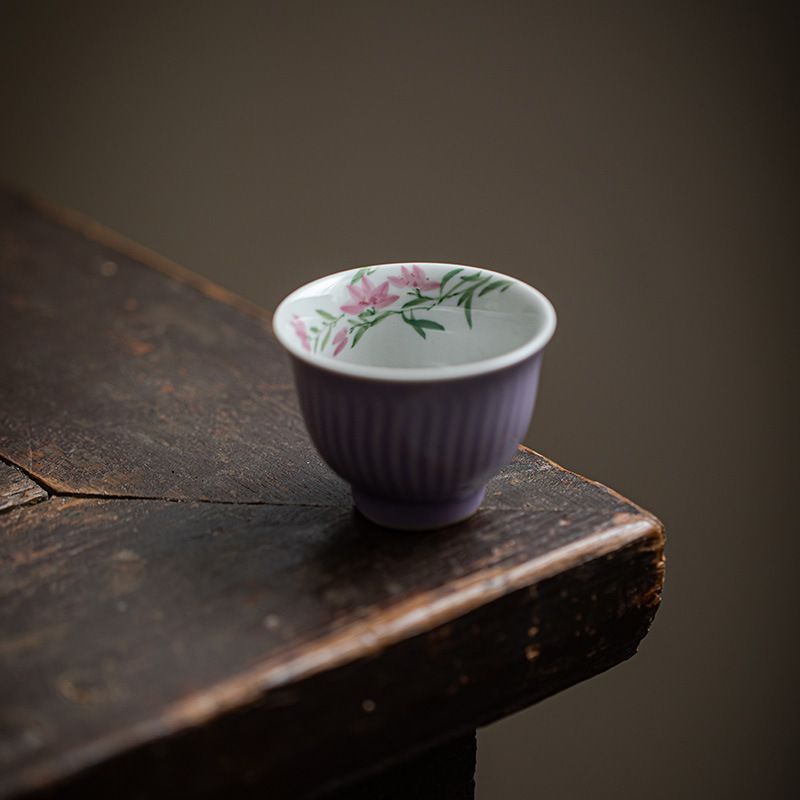 中国古美術茶器 ムクゲの紫色手描き桜茶カップ 中国茶器 陶磁 台湾茶器 中国茶