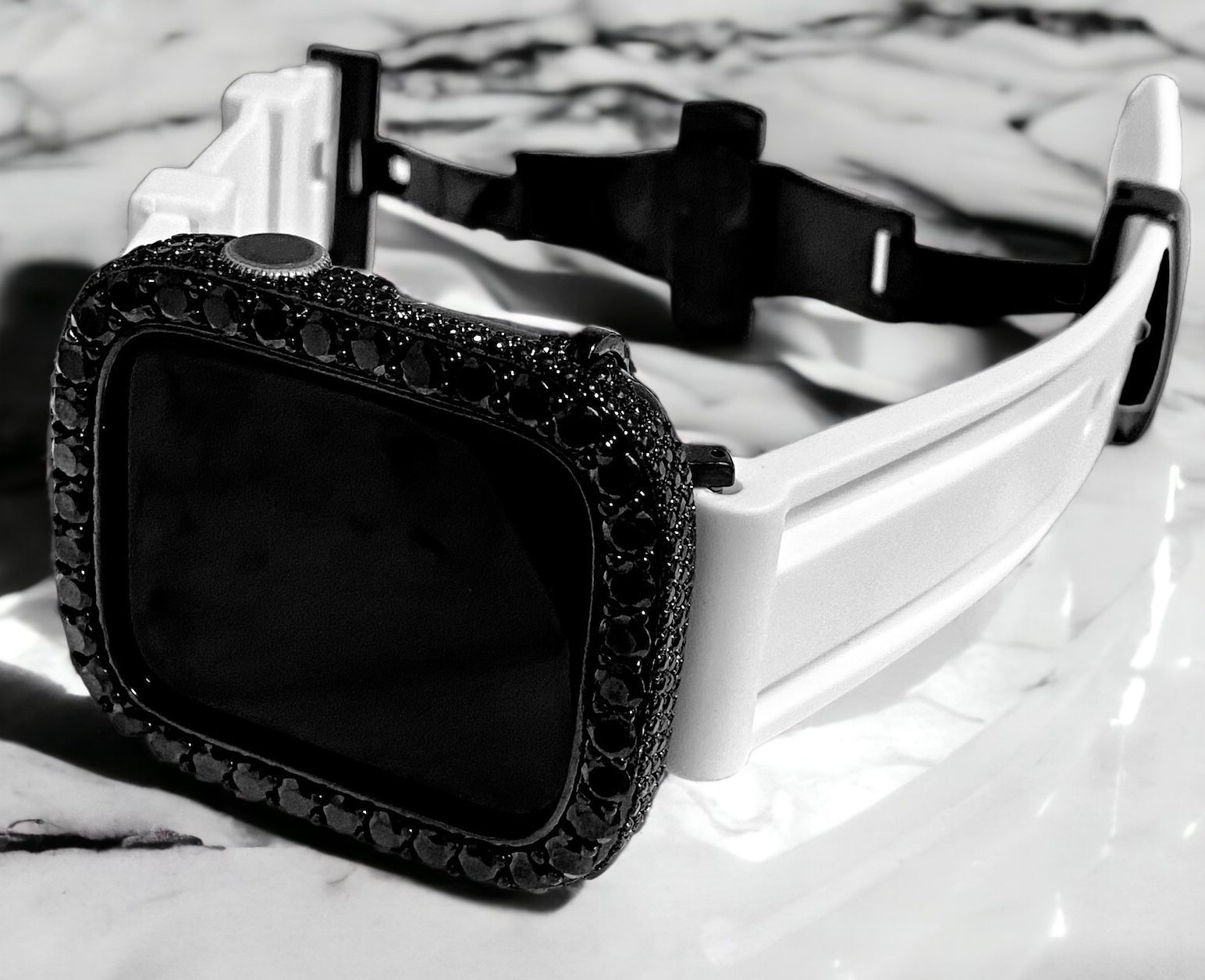 超 大粒ブラック×ブラック AppleWatchキラキラケース カバー アップルウォッチ ラバーバンド ベルト 38mm 40mm 41mm 42mm 44mm
