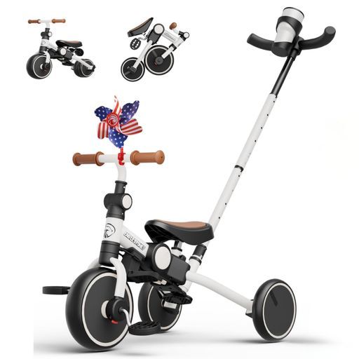 子供用三輪車5in1手押し棒付きおりたたみ式手押し多機能三輪車キッズバイクおもちゃペダルなし自転車乗用玩具コンパクト収納耐久性調整 カップホルダーと風車付き男の子女の子子…