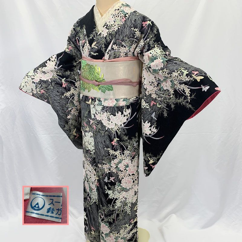 昭和レトロアンティーク華やかな着物単品 ̮⃝ 身丈150 可愛い銘仙 椿文様 アンティーク着物 大正ロマン